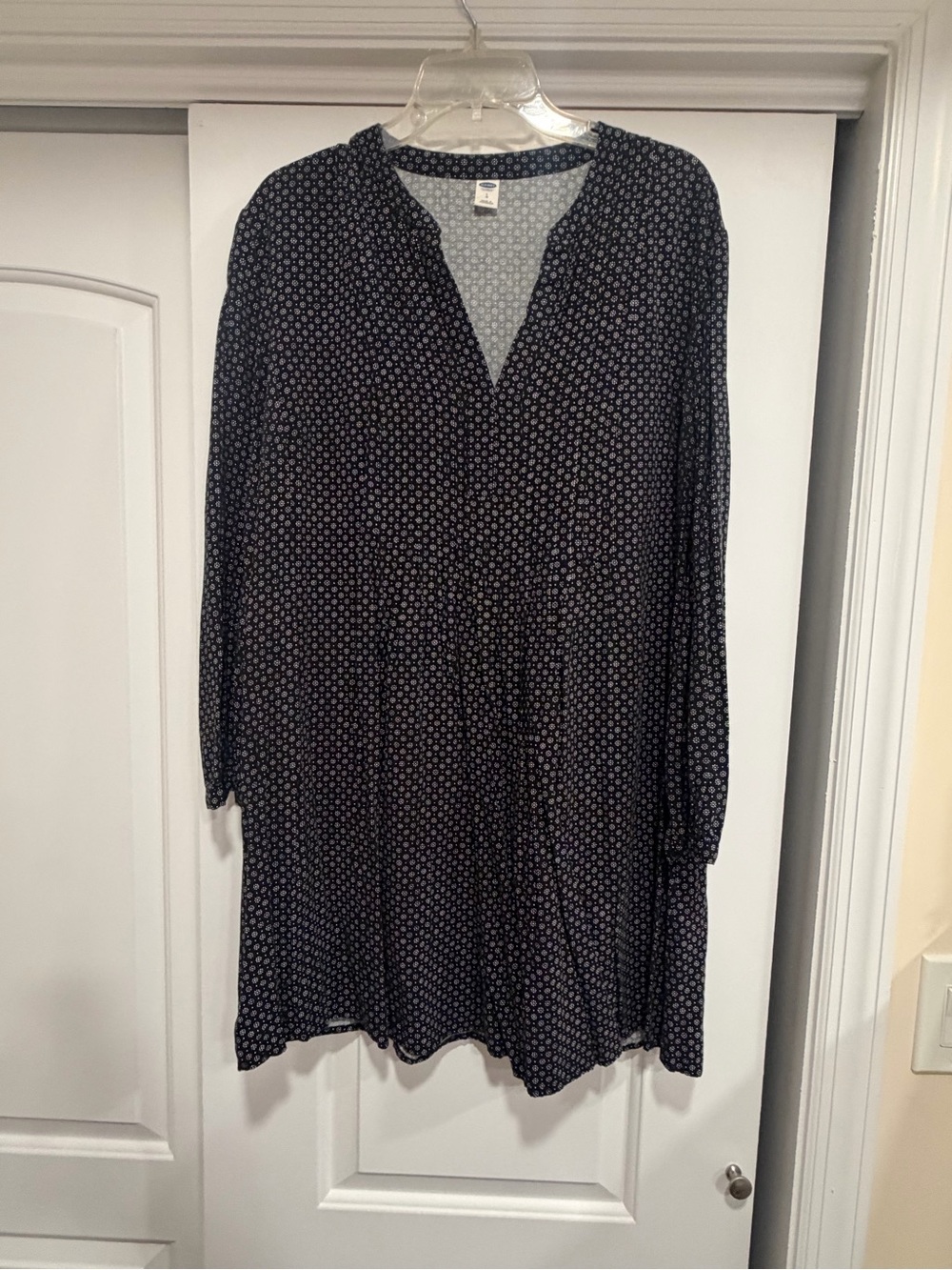 Women's Navy Patterned Long-Sleeve Tunic Dress